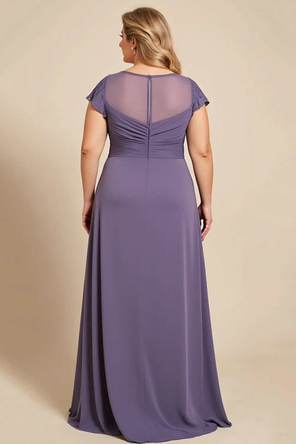 Grey Purple Plus Size Long Mother of the Bride Dress with Cap Sleeves